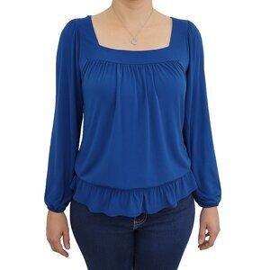 Daisy Fuentes Womens M Blue Square Neck Long Sleeve Blouse Peplum Hem Top